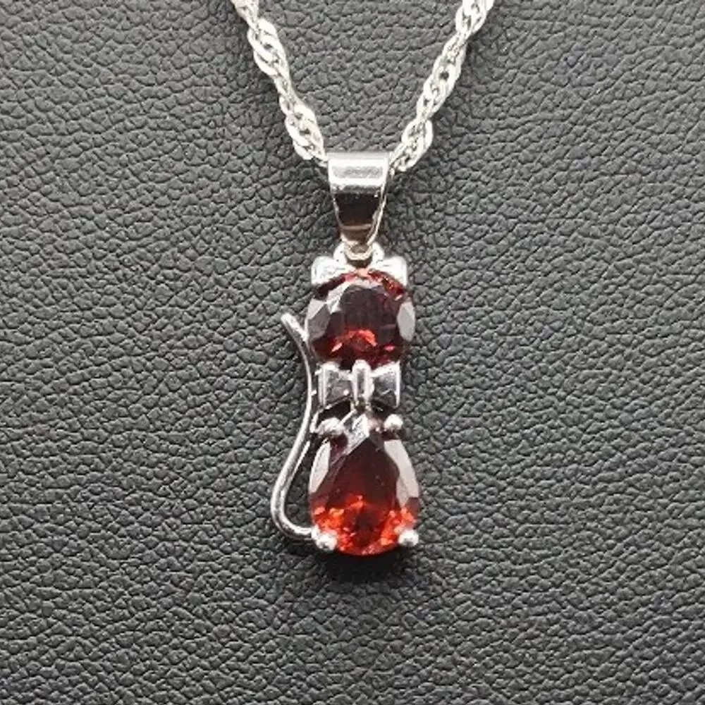 925 Silver Necklace CZ Red Ruby Cat Jewelry Women's Valentine's Birthday Gift